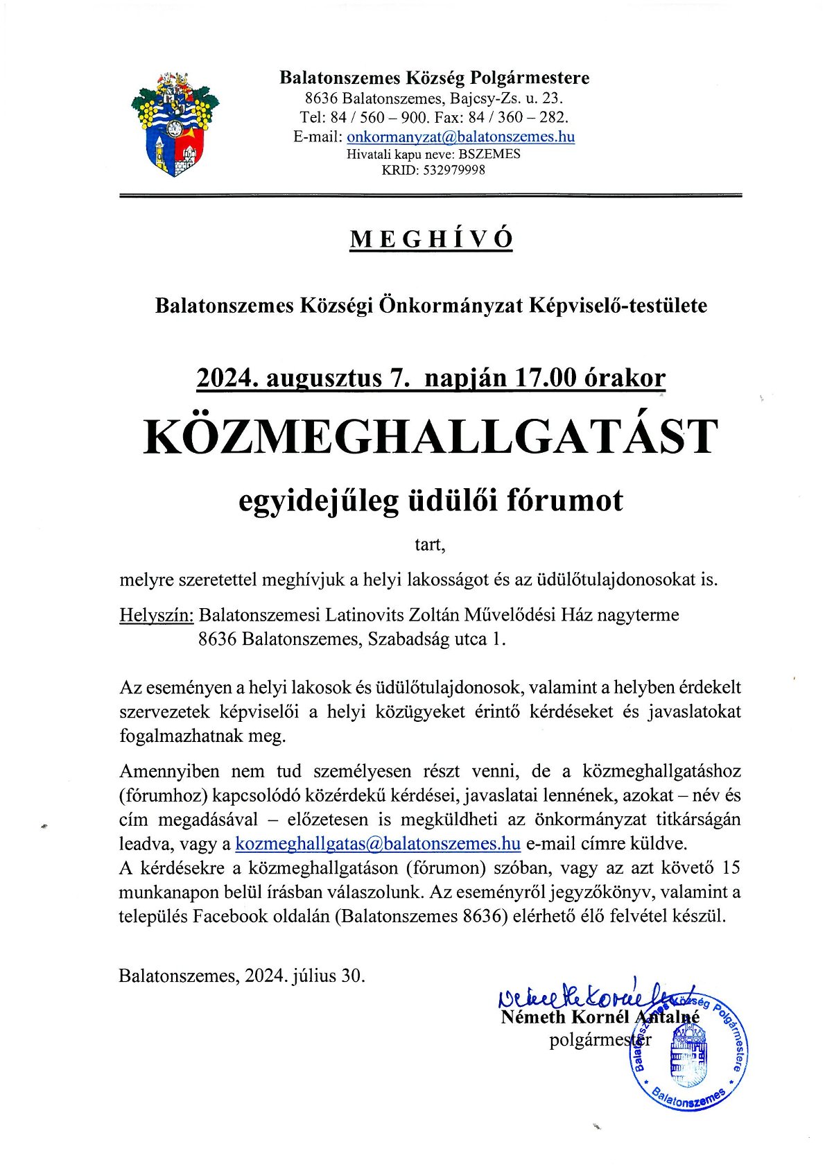 Meghivo 2024 08 07 KOZMEGHALLGATAS Balatonszemes Községi Önkormányzat Képviselő-testülete, közmeghallgatást tart