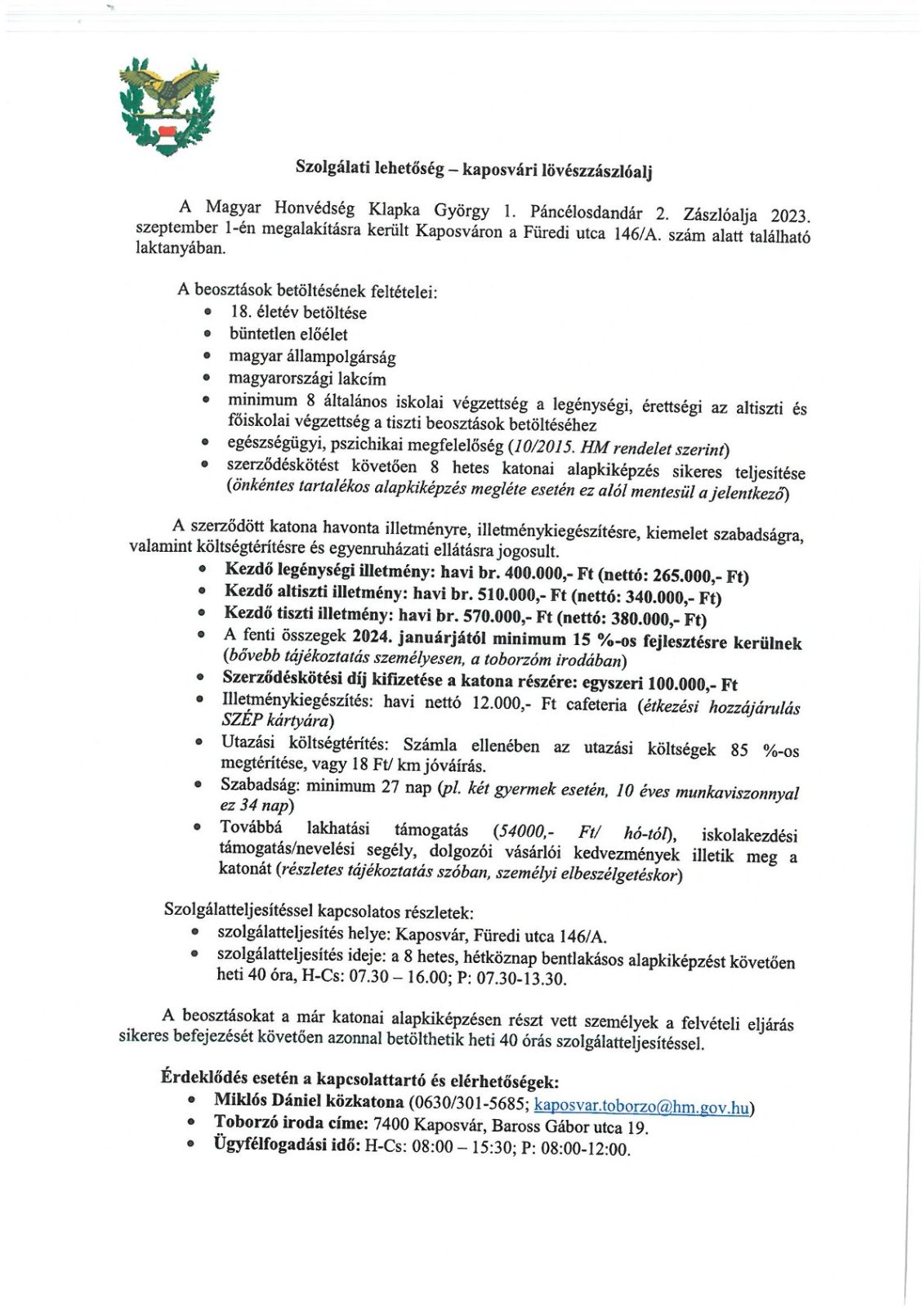 Magyar Honvedseg hirdetmeny Új katonai zászlóalj alakult Kaposváron