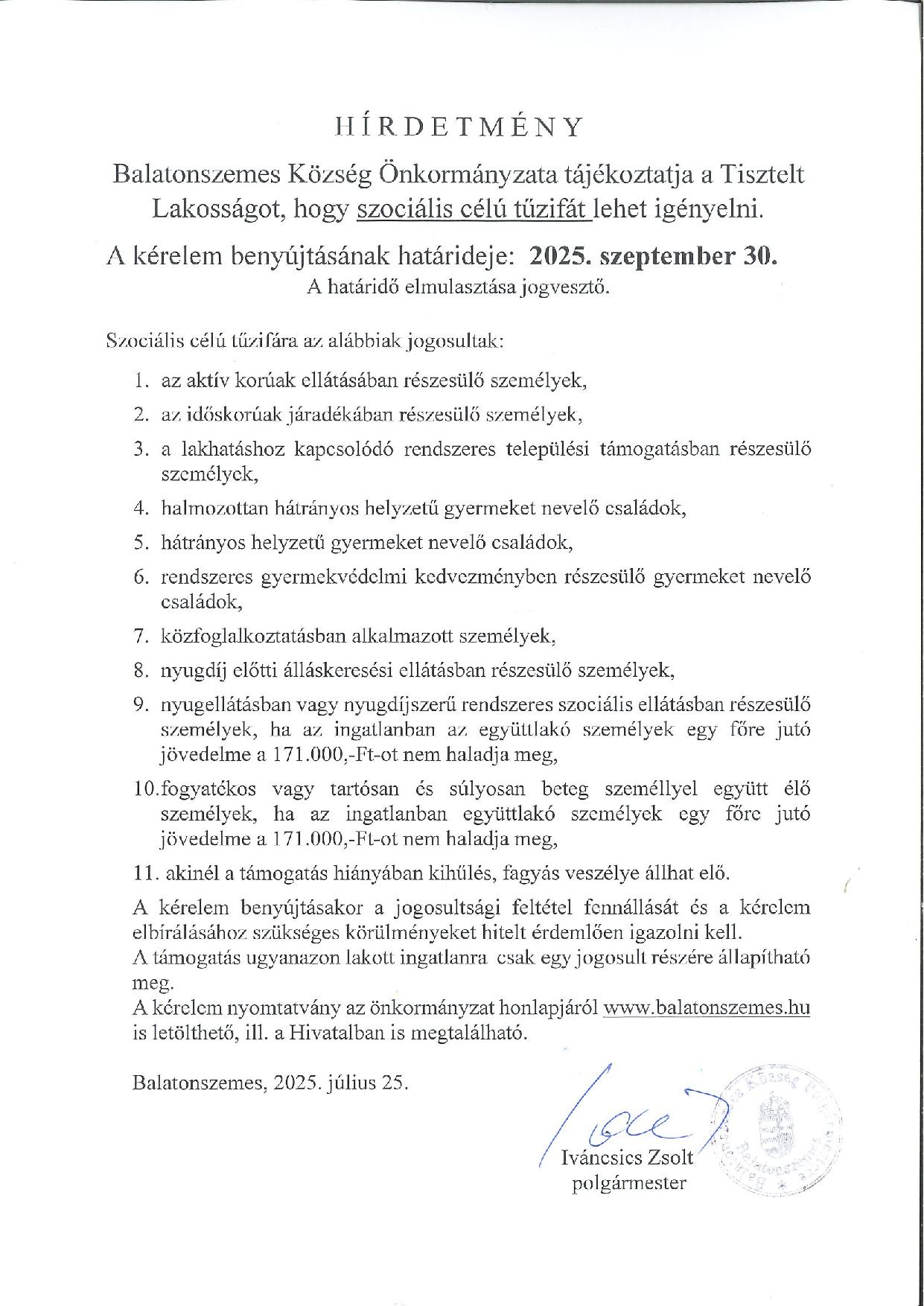 Tuzifa PLAKAT 2025 Bszemes page 001 Hirdetmény - tüzifa